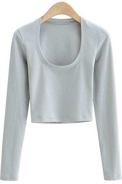 Leisure Women's Tee Top Solid Color Scoop Neck Long Sleeves Slim Fitted Bottoming Cropped T-Shirt