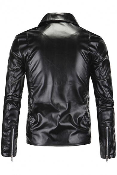 Retro Men's Leather Jacket Solid Color Zip Fly Notched Lapel Collar Long Sleeves Regular Fitted Leather Jacket