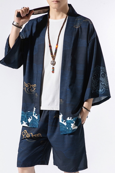 Stylish Men's Kimono Coat Sea Wave Cloud Print Open Front Long Sleeve Relaxed Fit Coat