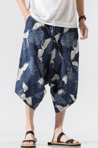 Stylish Men's Pants All over Crane Print Asymmetrical Hem Cropped Pants