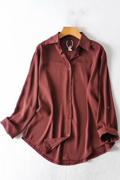 Stylish Women's Shirt Blouse Satin Solid Color Button Fly Spread Collar Long Sleeves Regular Fitted Shirt Blouse