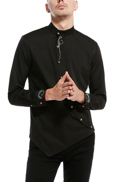Trendy Men's Shirt Blouse Embroidered Trim Button Front Stand Collar Long Sleeves Regular Fitted Shirt Blouse