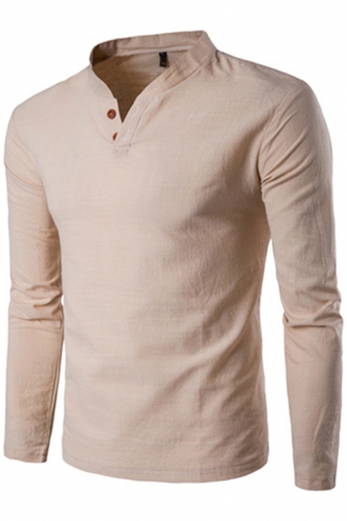 Trendy Men's T-Shirt Solid Color Button Detail Stand Collar Long Sleeves Regular Fitted Tee Top