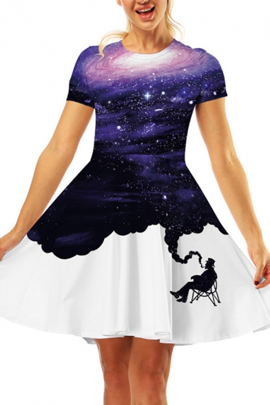 Trendy Womens Dress Starry Sky 3D Pattern Short Sleeve Crew Neck Short A-line T Shirt Dress