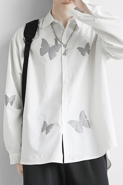 Unique Men's Shirt Butterfly Pattern Button Closure Point Collar Long Sleeves Regular Fitted Shirt