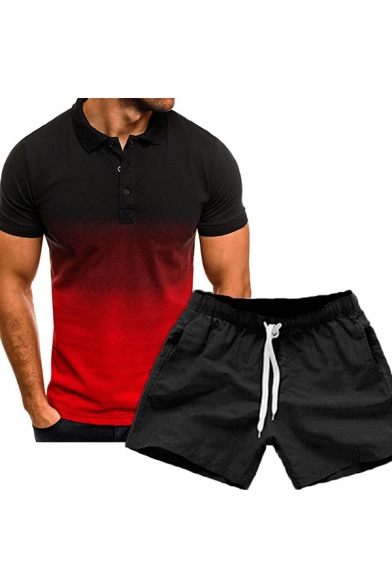 Basic Men's Active Set 3D Ombre Pattern Button Detail Spread Collar Short Sleeve Regular Fitted Tee Top with Drawstring Waist Shorts Co-ords