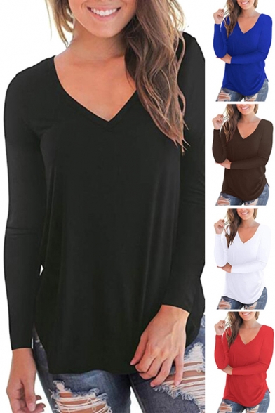 Basic Women's Tee Top Solid Color V Neck Long Sleeves Bottoming T-Shirt