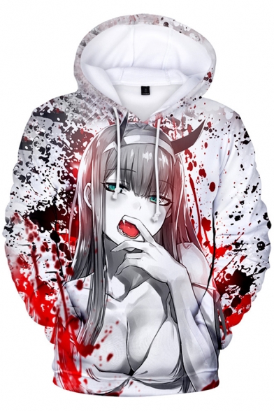 Comic Sexy Girl Blood 3D Printed Long Sleeve Loose Fit White Drawstring Pullover Hoodie