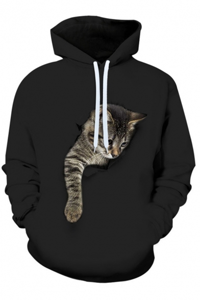 Fancy Men's Hoodie Digital Cat 3D Print Front Pocket Long Sleeve Drawstring Hooded Sweatshirt