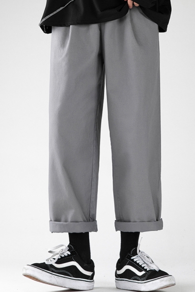 Fancy Men's Pants Solid Color Zip Fly Side Pocket Mid Waist Ankle Length Straight Pants