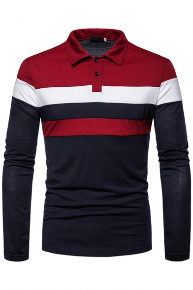 Fancy Men's Polo Shirt Contrast Panel Color Block Button Design Spread Collar Long Sleeves Slim Fitted Polo Shirt