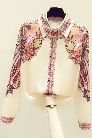 Fancy Women's Shirt Contrast Panel Paisley Pattern Button Fly Point Collar Long Sleeves Regular Fitted Shirt Blouse