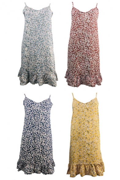 Pretty Ladies Dress Ditsy Floral Print Spaghetti Straps V-neck Ruffled Short A-line Cami Dress