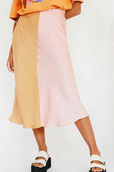 Pretty Ladies Skirt Satin Color Block High Rise Mid A-line Skirt