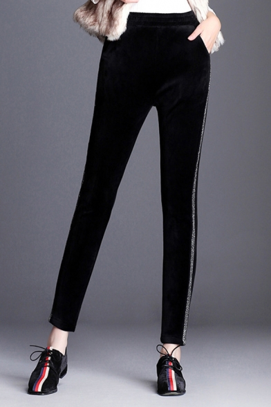 Simple Girls Pants Velvet High Rise Sequined Ankle Length Fitted Pants