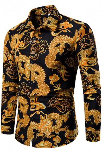 Street Mens Shirt Dragon Pattern Long Sleeve Spread Collar Button-up Slim Fit Shirt Top