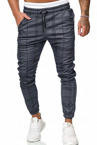 Stylish Men's Pants Plaid Pattern Side Pocket Drawstring Elastic Waist Banded Cuffs Ankle Length Pants