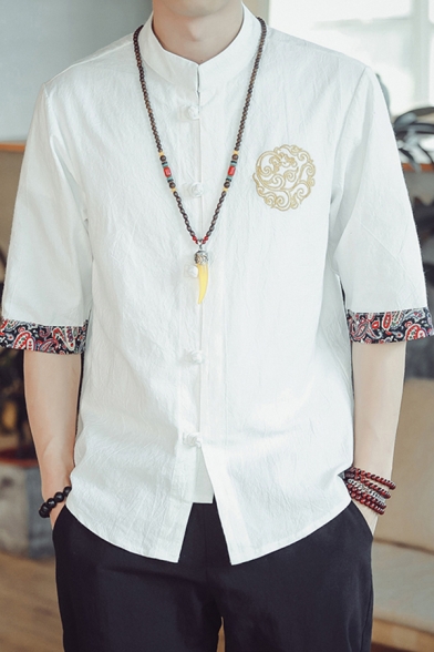 Stylish Men's Shirt Contrast Trim Paisley Print Horn Button Mock Neck Half Sleeve Regular Fitted Shirt