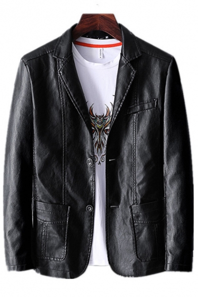 Stylish Mens Jacket Solid Color Long Sleeve Notched Collar Button Up Relaxewd Leather Jacket