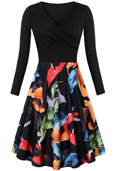 Stylish Womens Dress Floral Print Long Sleeve Surplice Neck Midi A-line Pleated Dress
