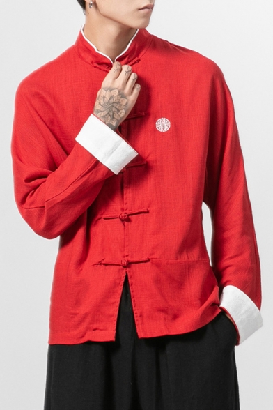 Trendy Men's Shirt Horn Button Contrast Trim Mock Neck Long Sleeve Regular Fitted Shirt