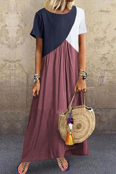 Trendy Women's T-Shirt Dress Contrast Panel Color Block Boat Neck Short Sleeves Pleated Detail Long T-Shirt Dress