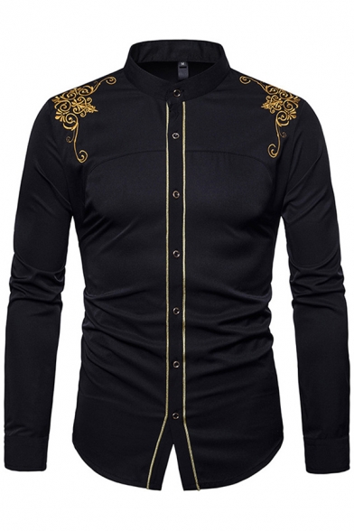 Vintage Mens Shirt Floral Embroidery Long Sleeve Stand Collar Button Up Slim Fit Shirt Top