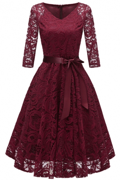 Womens Gorgeous Dress Sheer Lace Half Sleeve V-neck Bow Tied Waist Mid Pleated Swing Dress