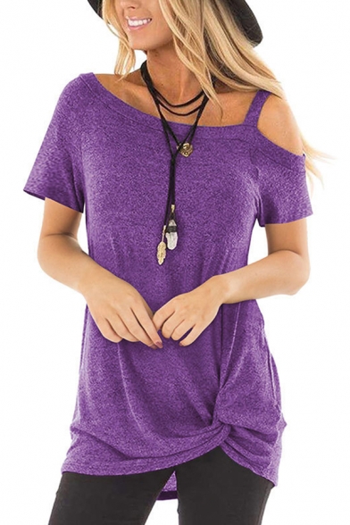 All-Match Women's Tee Top Heathered Hollow out Twist Front Short Sleeves Regular Fitted T-Shirt