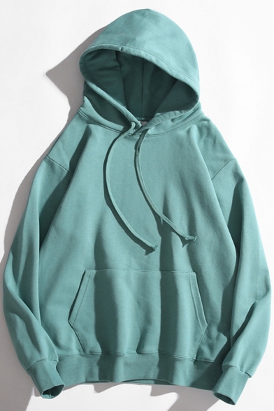 Basic Men's Hoodie Solid Color Front Pocket Long Sleeves Drawstring Hooded Sweatshirt