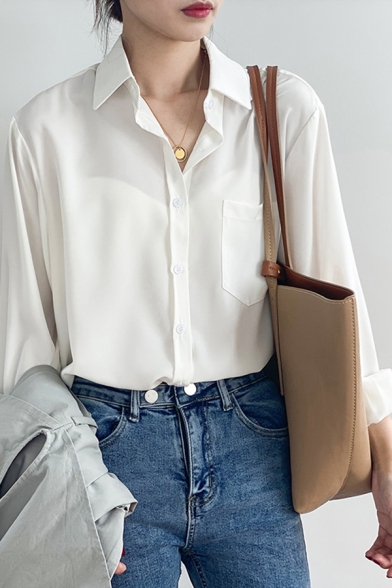 Basic Women's Shirt Blouse Plain Button Closure Chest Pocket Spread Collar Long Sleeves Relaxed Fit Shirt Blouse