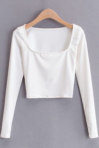 Basic Women's T-Shirt Plain Square Neck Long Sleeves Slim Fitted Tee Top