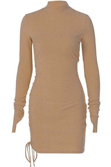 Chic Girls Dress Ribbed Long Sleeve Mock Neck Drawstring Sides Solid Short Fitted Dress