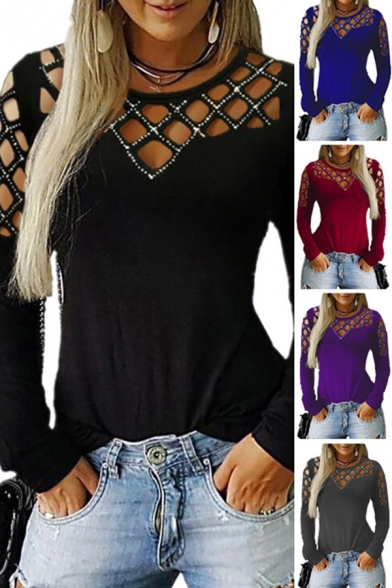 Cool Women's Tee Top Hollow out Sequined Detail Round Neck Long Sleeves Slim Fitted T-Shirt