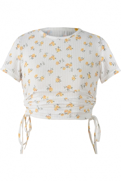 Fancy Girls Tee Top Ditsy Floral Print Short Sleeve Crew Neck Drawstring Sides Fitted Crop T Shirt