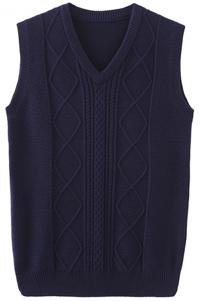 Fancy Men's Knit Vest Cable Knit Ribbed Trim Sleeveless Regular Fitted Knit Vest