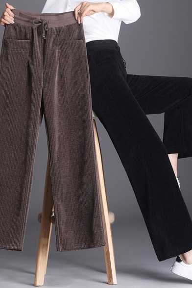 Fashion Girls Pants Corduroy Drawstring Waist Long Length Solid Wide-leg Pants