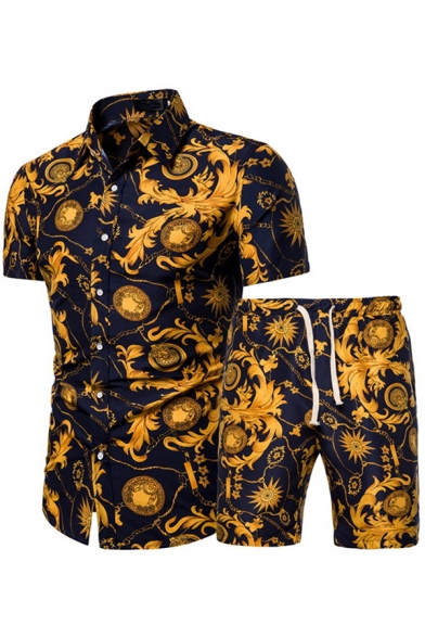 Guys Designer Co-ords Flower Allover Print Short Sleeve Spread Collar Button Up Fit Shirt & Shorts Co-ords