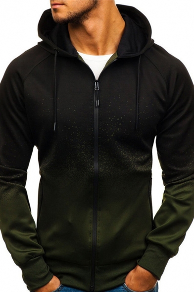 Leisure Men's Hoodie Ombre Pattern Zip Closure Long Sleeves Drawstring Hooded Sweatshirt