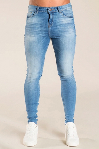 Leisure Men's Jeans Mid Waist Zip Fly Side Pocket Long Skinny Jeans with Washing Effect
