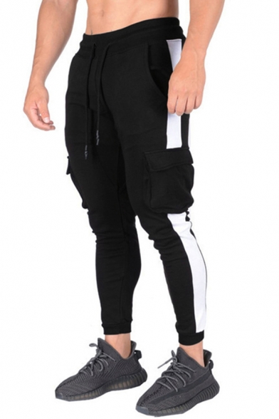 Leisure Men's Pants Contrast Panel Flap Pocket Drawstring Mid Waist Banded Cuffs Ankle Length Pants