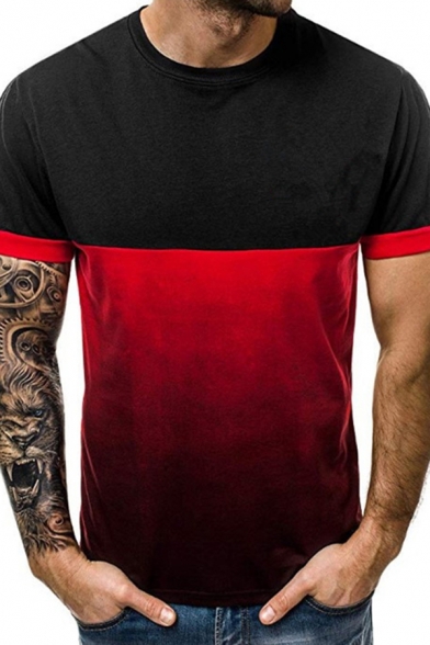 Leisure Men's Tee Top Contrast Panel Color Block Round Neck Rolled up Hem Short Sleeve Regular Fitted T-Shirt