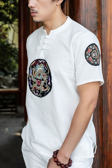 Leisure Men's Tee Top Graphic Print Horn Button Mock Neck Short Sleeve Regular Fitted T-Shirt