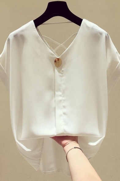 Leisure Women's Shirt Blouse Solid Color Criss Cross Button Front Rolled up Short Sleeve V Neck Relaxed Fit Shirt Blouse