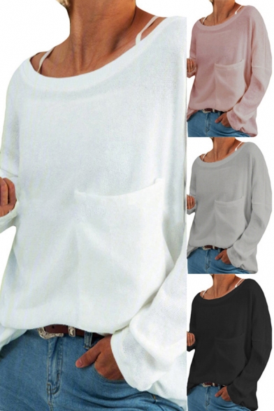 Leisure Women's Tee Top Solid Color Boat Neck Long Sleeves Chest Pocket Regular Fitted T-Shirt
