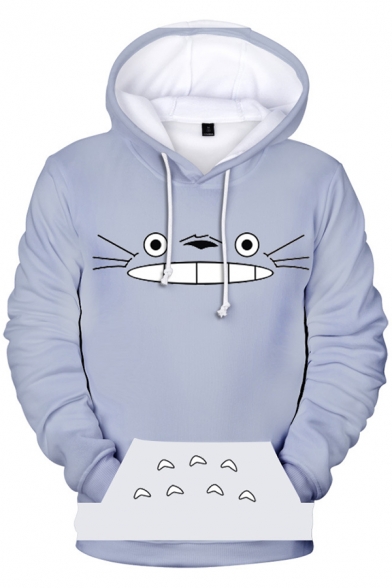 Popular Fashion Cartoon Totoro Pattern Long Sleeve Loose Fit Unisex Gray Hoodie with Pocket