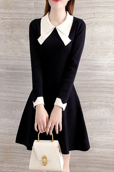 Pretty Womens Dress Contrasted Long Sleeve Point Collar Short A-line Dress in Black