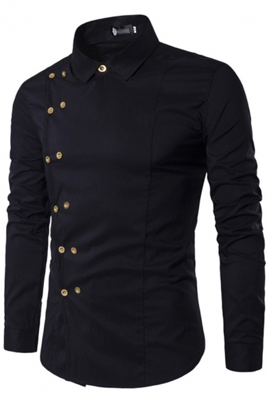 Simple Mens Shirt Plain Long Sleeve Turn Down Collar Double Breasted Slim Fitted Shirt Top