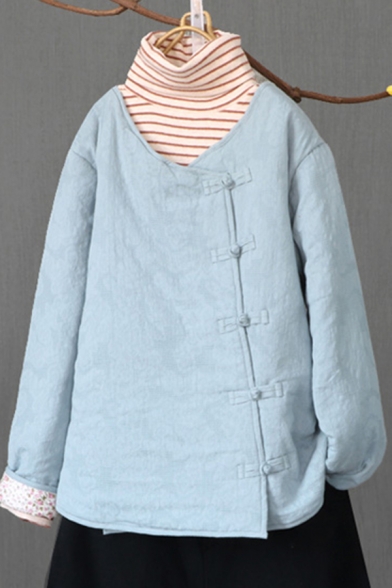 Simple Womens Coat Linen and Cotton Long Sleeve Crew Neck Oblique Button Up Plain Loose Fit Coat