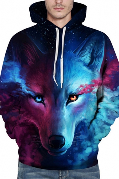Stylish Men's Hoodie Wolf 3D Digital Pattern Front Pocket Long Sleeve Drawstring Hooded Sweatshirt